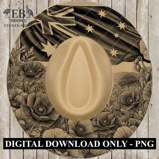 Australian Flag and Poppies, Hat Burning Design, PNG Laser Engraving Template, EB983