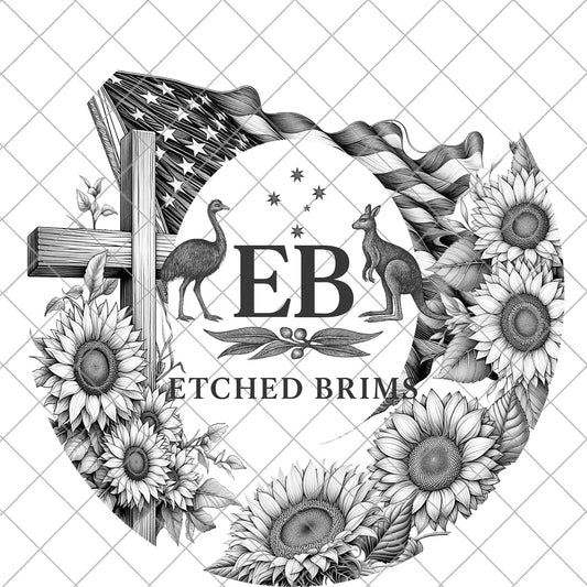 Cross American Flag & Sunflowers Hat Burning Design, Laser Hand Engraving Wide Brim Fedora, PNG PDF, EB889