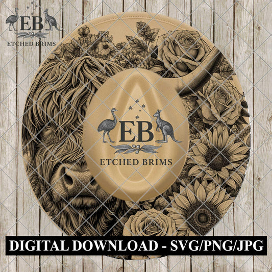 Highland Cow Roses & Sunflowers, Hat Burning Template (Digital Download), Wide Brim Cowboy Hat, EB1134
