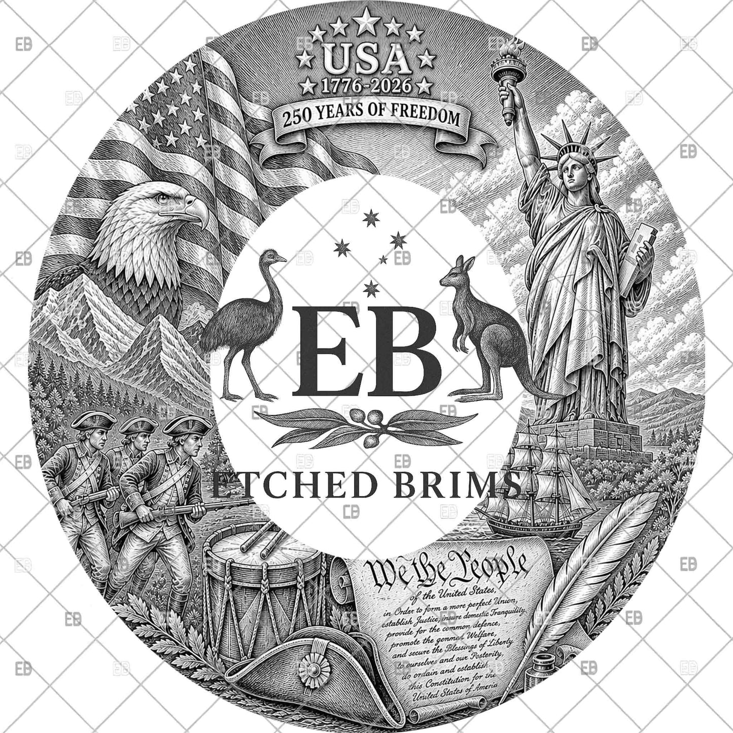 USA 250 Years Semiquincentennial Hat Burning Design, Patriotic Revolutionary War Design, Eagle, Statue Liberty, Hat Brim Template, EB1253