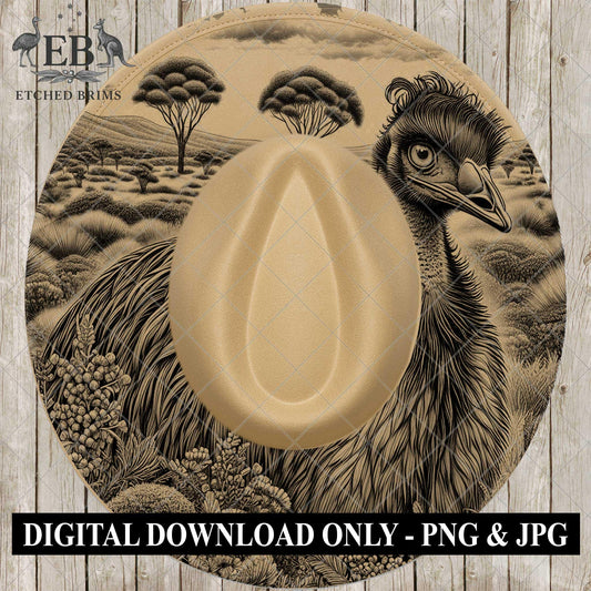 Emu 2 Australian Bird Wildlife Laser Hat Template, Australian Emu in Bush Landscape Engraving File, EB895