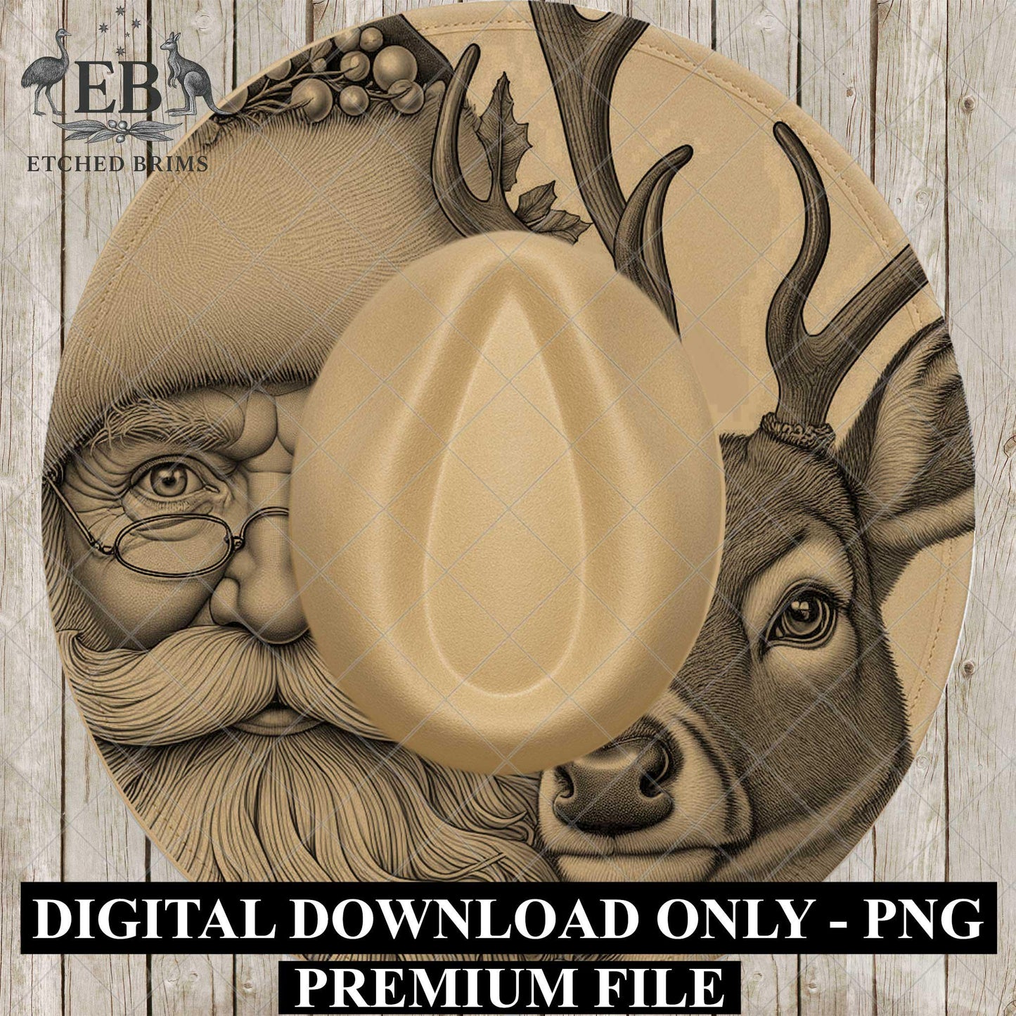 Santa & Reindeer Christmas, Hat Burning Design, Festive Digital Download, Hat Burning Template, Wide Brim Hat Design, Hat Stencil, EB687