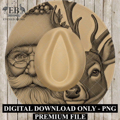Santa & Reindeer Christmas, Hat Burning Design, Festive Digital Download, Hat Burning Template, Wide Brim Hat Design, Hat Stencil, EB687