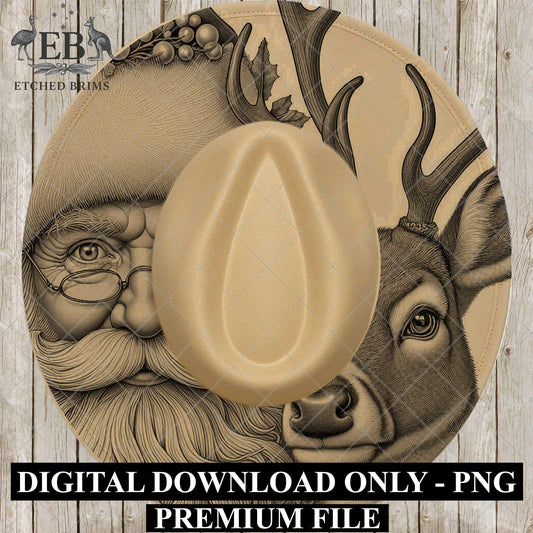 Santa & Reindeer Christmas, Hat Burning Design, Festive Digital Download, Hat Burning Template, Wide Brim Hat Design, Hat Stencil, EB687
