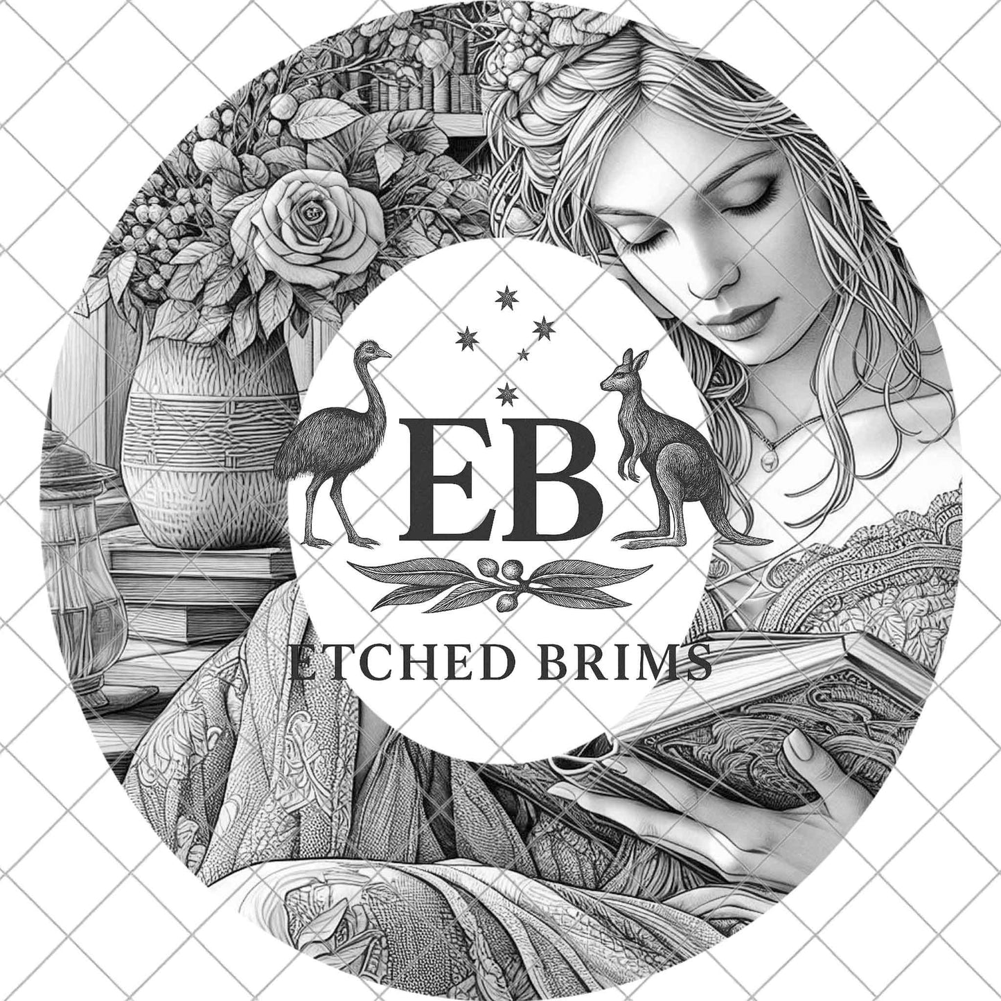 Girl Reading and Roses, Hat Burning Design, Laser Engraving Template, Wide Brim Fedora, EB995