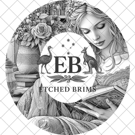 Girl Reading and Roses, Hat Burning Design, Laser Engraving Template, Wide Brim Fedora, EB995