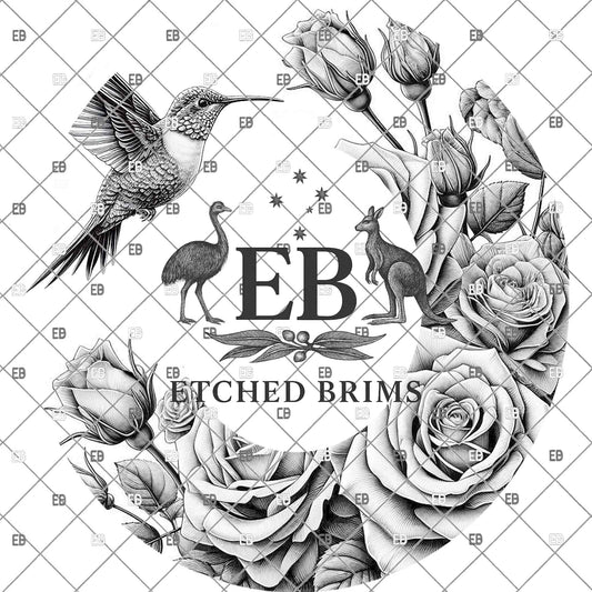 Roses, Butterflies and Hummingbird 3 Hat Burning Template for Laser Engraving and Hand Burning, PNG and 4 page PDF included, EB1187