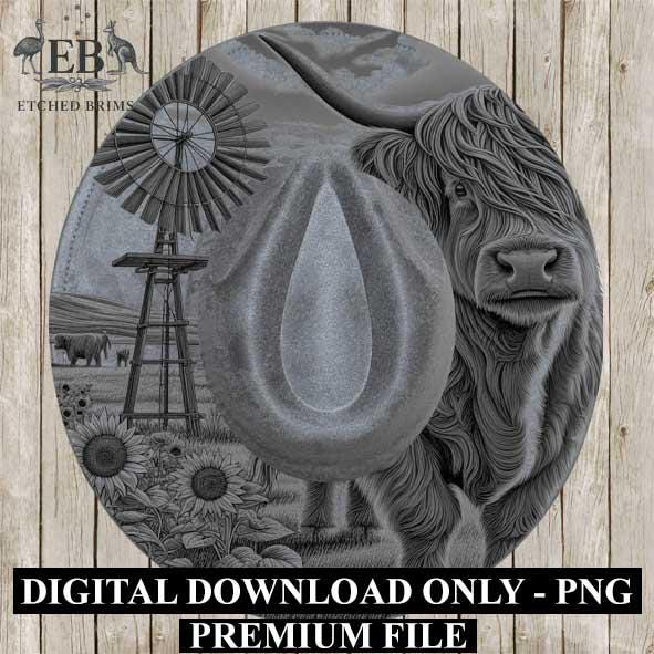 Highland Cow & Windmill Hat Design 5, Rustic Farmhouse Sunflower Brim Template, Western Laser Engraving Digital Download Hat File, EB376