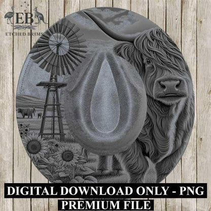 Highland Cow & Windmill Hat Design 5, Rustic Farmhouse Sunflower Brim Template, Western Laser Engraving Digital Download Hat File, EB376