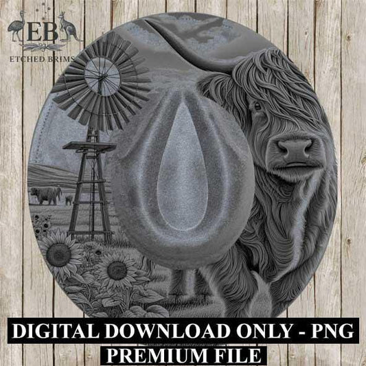 Highland Cow & Windmill Hat Design 5, Rustic Farmhouse Sunflower Brim Template, Western Laser Engraving Digital Download Hat File, EB376