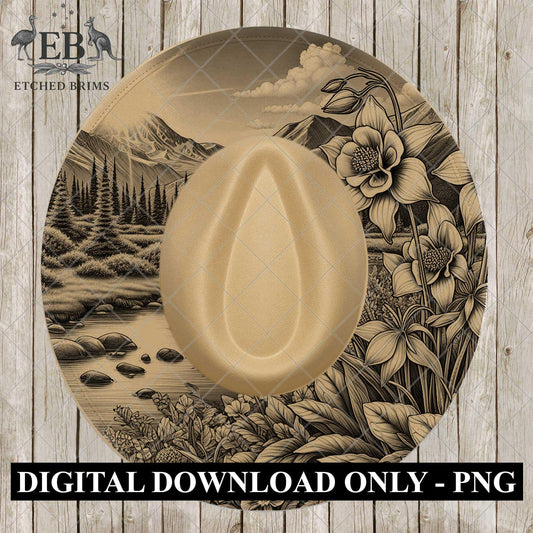 Columbine Flowers Mountain, Hat Burning Design, Digital Download PNG, Hat Burning Template, Hat Laser Engraving Design, Wide Brim, EB1082
