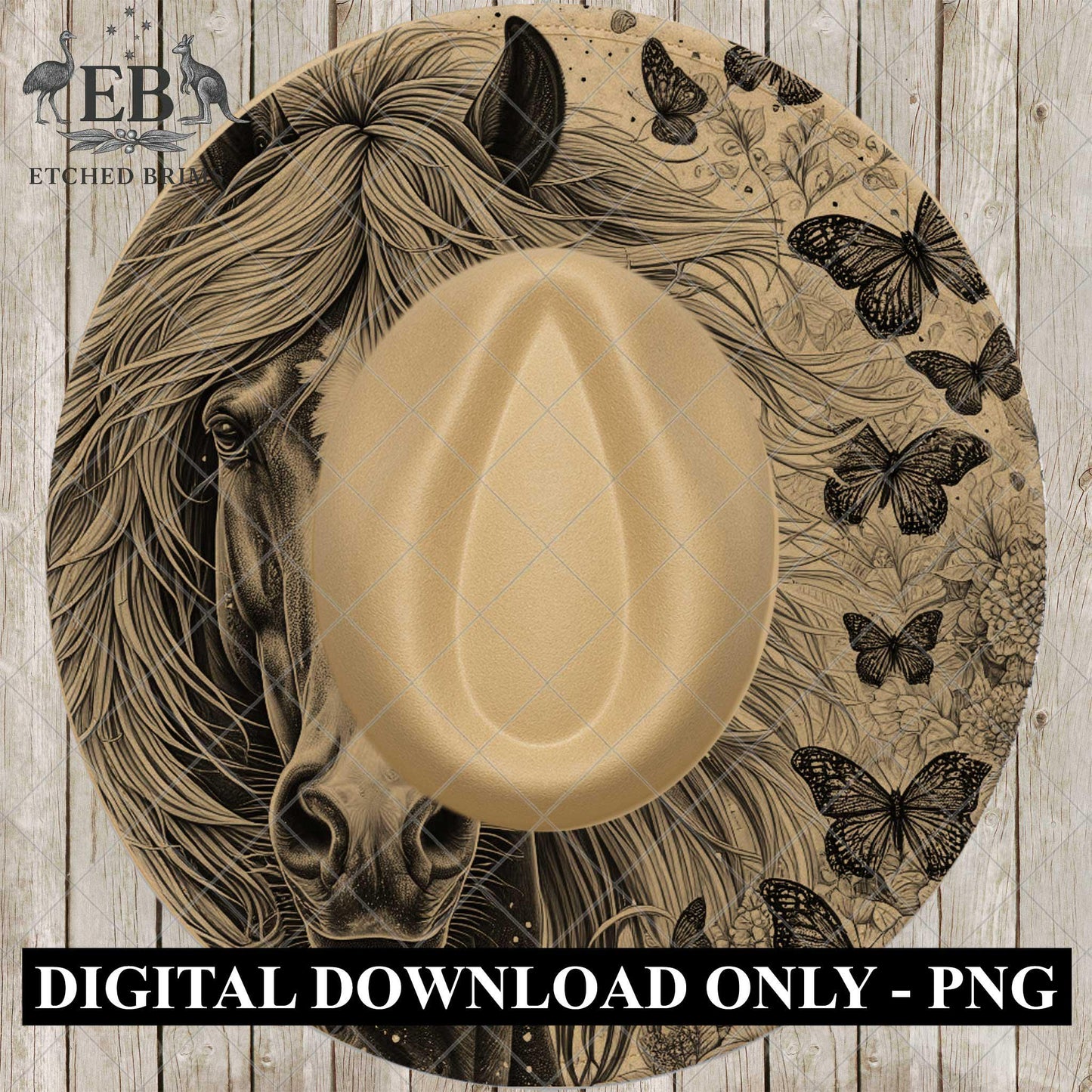 Horse and Butterflies Hat Burning Design, Western Laser Engraving Template for Wide Brim Fedora, EB973