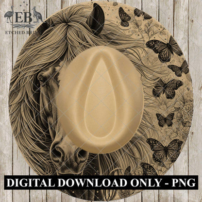 Horse and Butterflies Hat Burning Design, Western Laser Engraving Template for Wide Brim Fedora, EB973