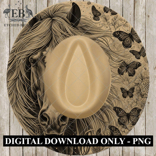 Horse and Butterflies Hat Burning Design, Western Laser Engraving Template for Wide Brim Fedora, EB973