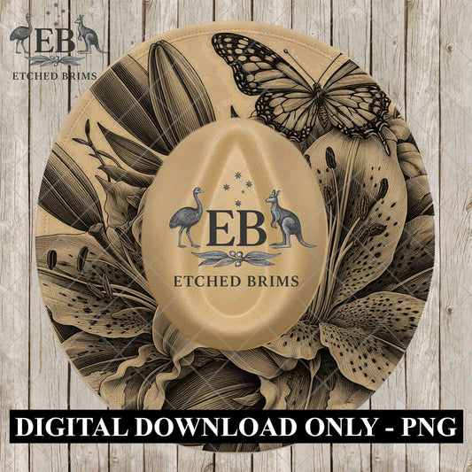 Stargazer Lillies and Butterfly, Laser Hat Engraving, Digital Download PNG, PDF, Cowboy Hat Design, EB1110