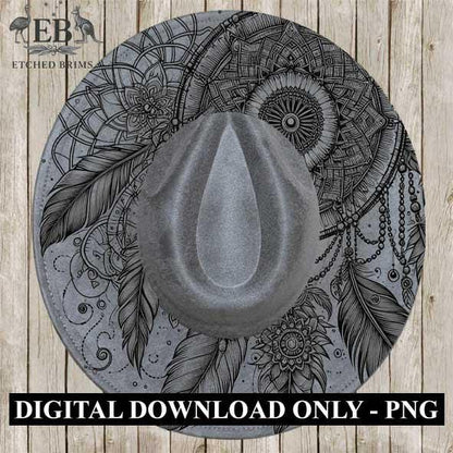 Night Whisper Dreamcatcher, boho feather laser engraved hat design digital download perfect for western, & festival,style hat projects. EB21