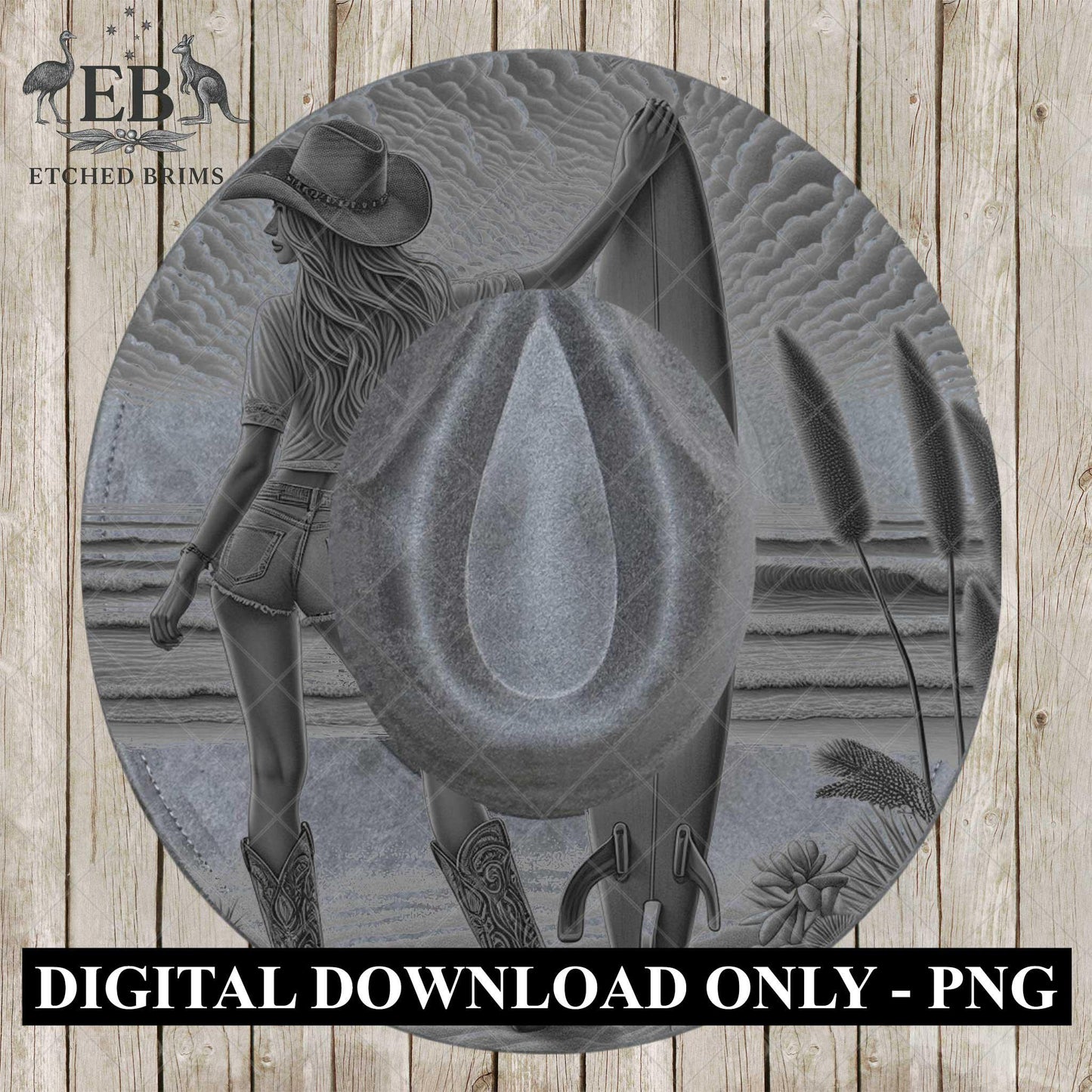 Beach Cowgirl Surfboard 5, Hat Burning Design, Digital Download PNG, Hand Burning Template, Hat Laser Engraving Design, Wide Brim Hat, EB593