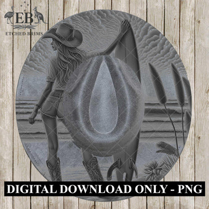 Beach Cowgirl Surfboard 5, Hat Burning Design, Digital Download PNG, Hand Burning Template, Hat Laser Engraving Design, Wide Brim Hat, EB593