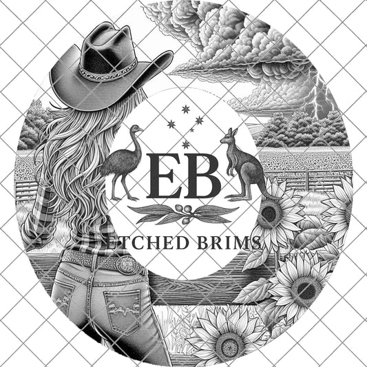 Cowgirl & Sunflowers 4, Hat Burning Design, Wide Brim Hat Burning Template, Laser Hat Engraving Template, Printable Stencil, EB765