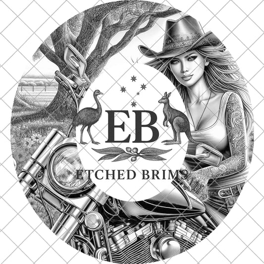 Western Biker Cowgirl Hat Burning Design, Laser Engraving Template for Fedora Brims, Tattooed Woman Country Rebel Art, EB939