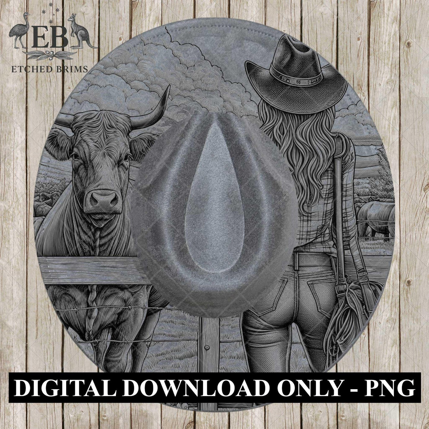 Cowgirl & Cow Farm 1, Hat Burning Design, Digital Download PNG, Hat Burning Template, Hat Laser Engraving Design, Wide Brim Hat File, EB645