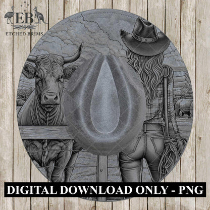 Cowgirl & Cow Farm 1, Hat Burning Design, Digital Download PNG, Hat Burning Template, Hat Laser Engraving Design, Wide Brim Hat File, EB645