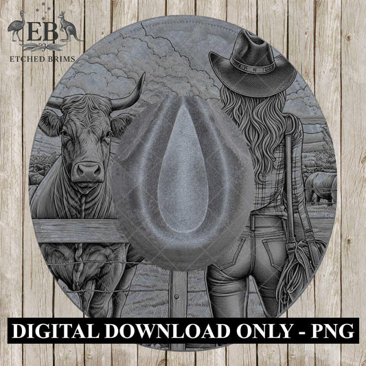 Cowgirl & Cow Farm 1, Hat Burning Design, Digital Download PNG, Hat Burning Template, Hat Laser Engraving Design, Wide Brim Hat File, EB645