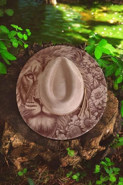 Lion & Blooms - Engraved Lion and Floral Wide Brim Hat, Vegan Suede Fedora Hat, Laser Engraved, Cowboy Hat, Burned Fedora