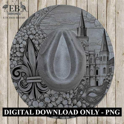 New Orleans with Mask Hat Brim SVG, Detailed Laser Engraving Template, Fleur-de-Lis, Cathedral, Flowers, Western Cowboy Hat Design EB323