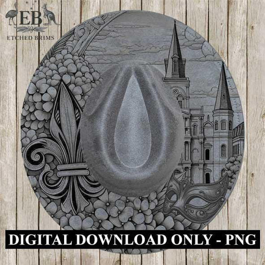 New Orleans with Mask Hat Brim SVG, Detailed Laser Engraving Template, Fleur-de-Lis, Cathedral, Flowers, Western Cowboy Hat Design EB323