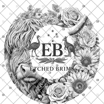 Highland Cow Roses & Sunflowers, Hat Burning Template (Digital Download), Wide Brim Cowboy Hat, EB1134