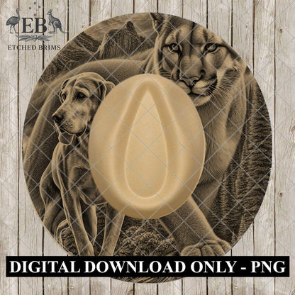 Hound Dog & Mountain Lion, Wide Brim Hat Template, Cougar Puma, Hat Engraving, PNG, PDF, Digital File for Burning Hats, EB1114