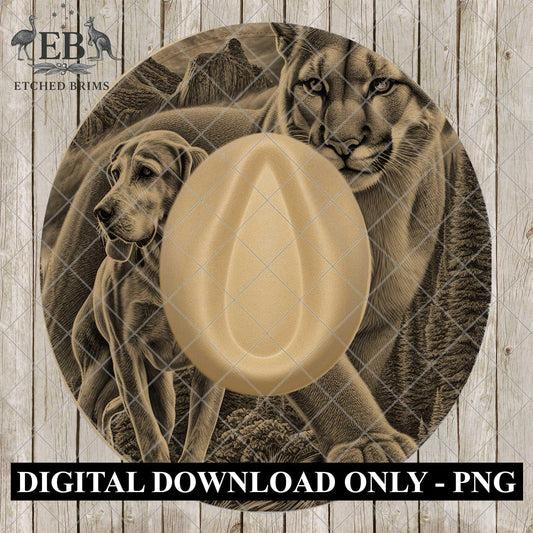 Hound Dog & Mountain Lion, Wide Brim Hat Template, Cougar Puma, Hat Engraving, PNG, PDF, Digital File for Burning Hats, EB1114