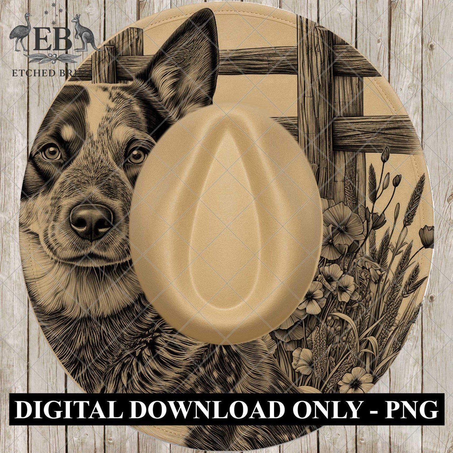 Blue Heeler Dog, Hat Burning Design, PNG for Laser Engraving, Farm Dog PNG, Wide Brim Fedora, EB1046