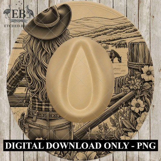 Cowgirl Flowers Hat Burning Design, Western Laser Engraving Template for Wide Brim Fedora, EB713