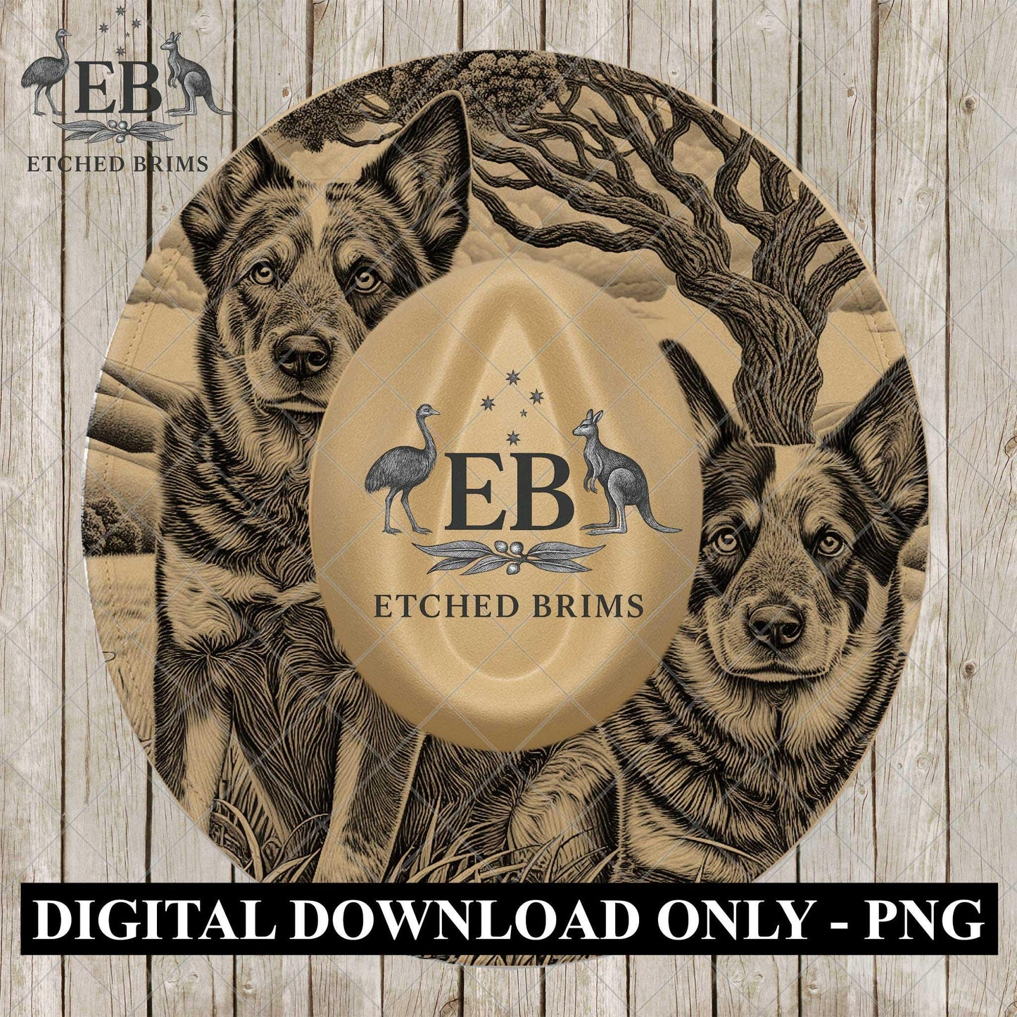 Blue Heeler Dogs, Hat Engraving Design for Laser Burning, Country Scene PNG, Wide Brim Fedora, EB1182