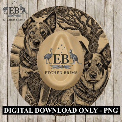Blue Heeler Dogs, Hat Engraving Design for Laser Burning, Country Scene PNG, Wide Brim Fedora, EB1182