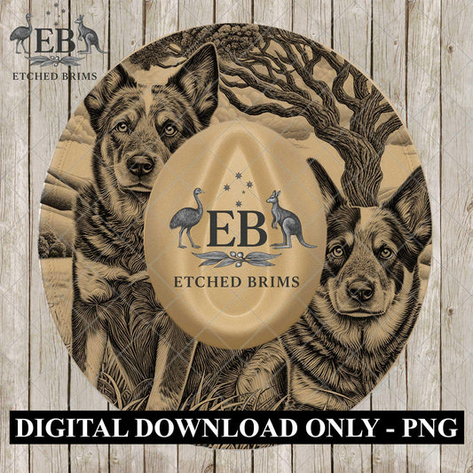 Blue Heeler Dogs, Hat Engraving Design for Laser Burning, Country Scene PNG, Wide Brim Fedora, EB1182