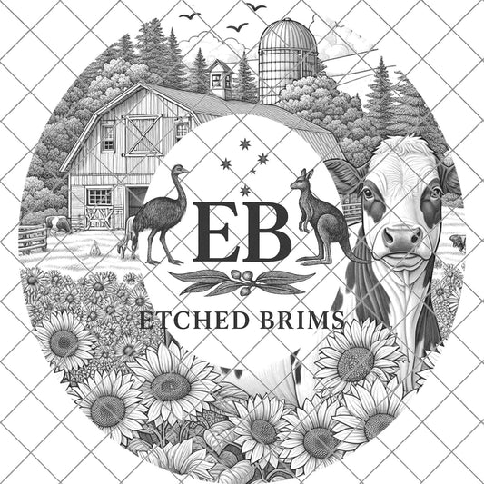 Farm Dairy Cow and Sunflowers 6, Hat Burning Design, Digital Download PDF & PDF Hand Burning, Wide Brim Hat, Printable Hat Template, EB610