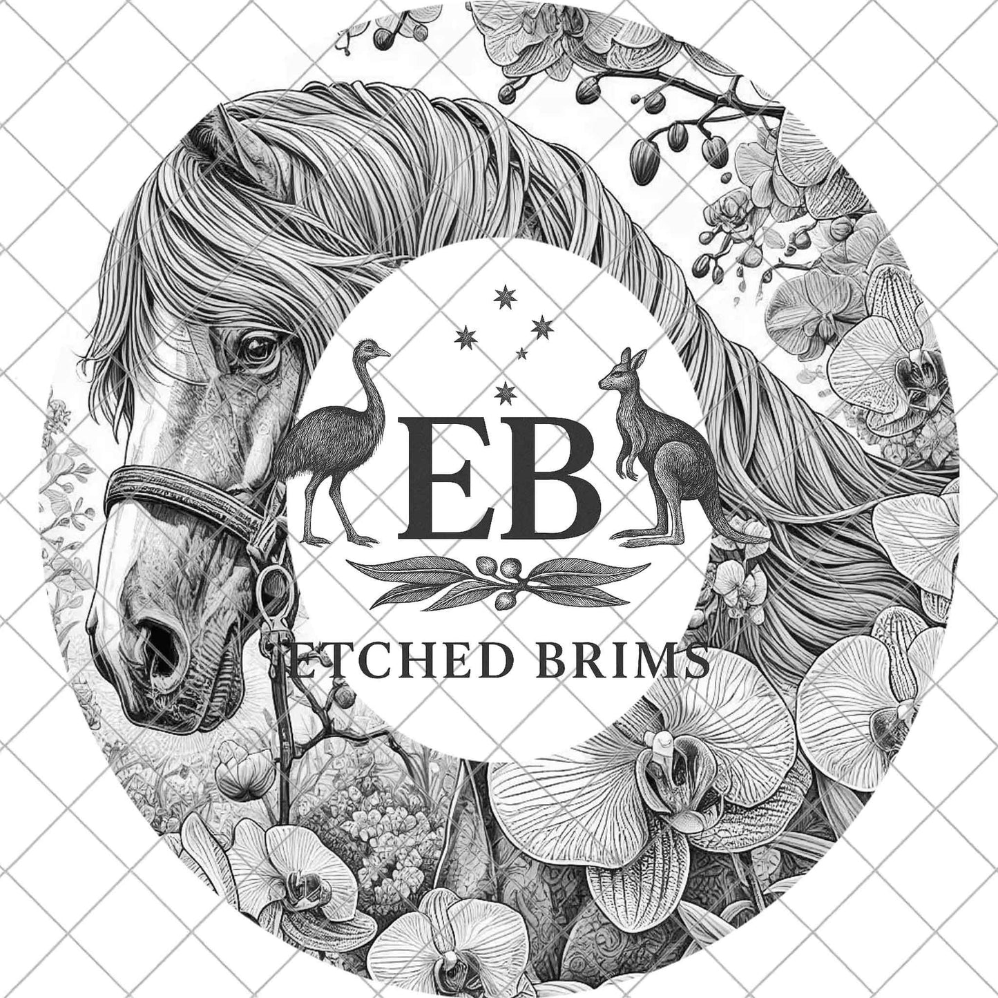 Horse & Orchid Flowers, Hat Burning Template for Wide Brim Hats. PNG for Laser Engraving and PDF Burning Stencil for Hand Burning, EB869