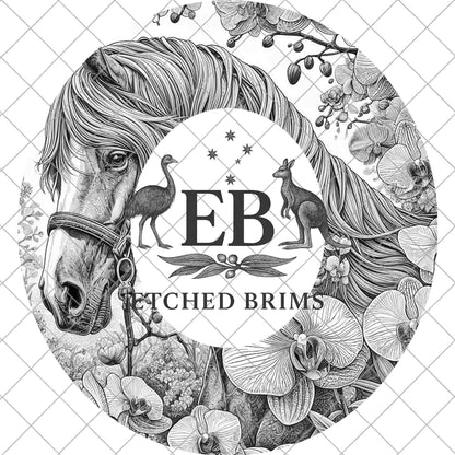 Horse & Orchid Flowers, Hat Burning Template for Wide Brim Hats. PNG for Laser Engraving and PDF Burning Stencil for Hand Burning, EB869