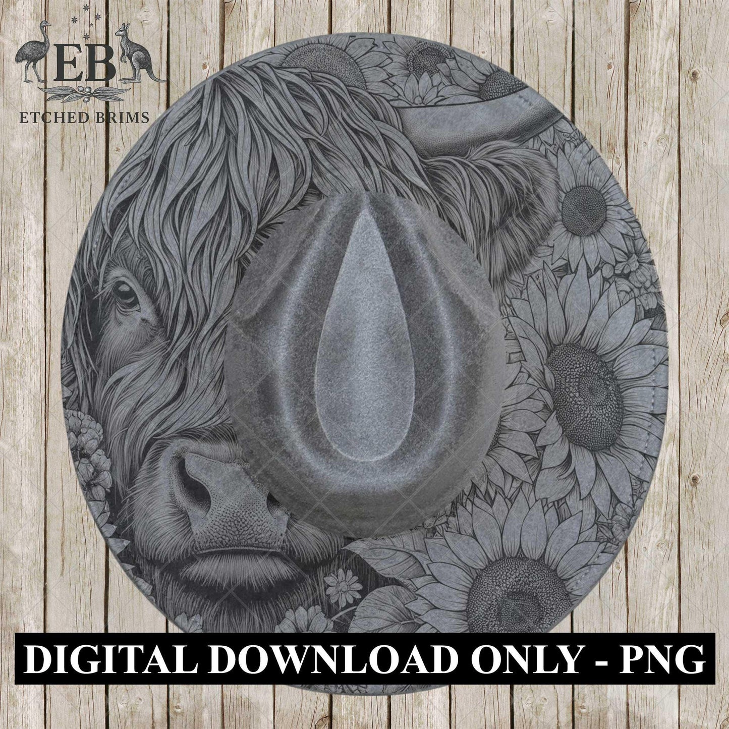 Highland Cow and Sunflowers 1, Hat Burning Design, Digital Download PDF & PDF for Hand Burning, Wide Brim Hat, Printable Hat Template, EB607