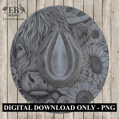 Highland Cow and Sunflowers 1, Hat Burning Design, Digital Download PDF & PDF for Hand Burning, Wide Brim Hat, Printable Hat Template, EB607