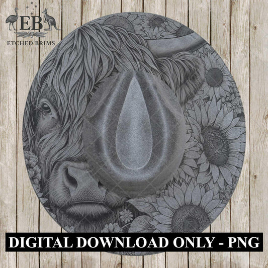 Highland Cow and Sunflowers 1, Hat Burning Design, Digital Download PDF & PDF for Hand Burning, Wide Brim Hat, Printable Hat Template, EB607