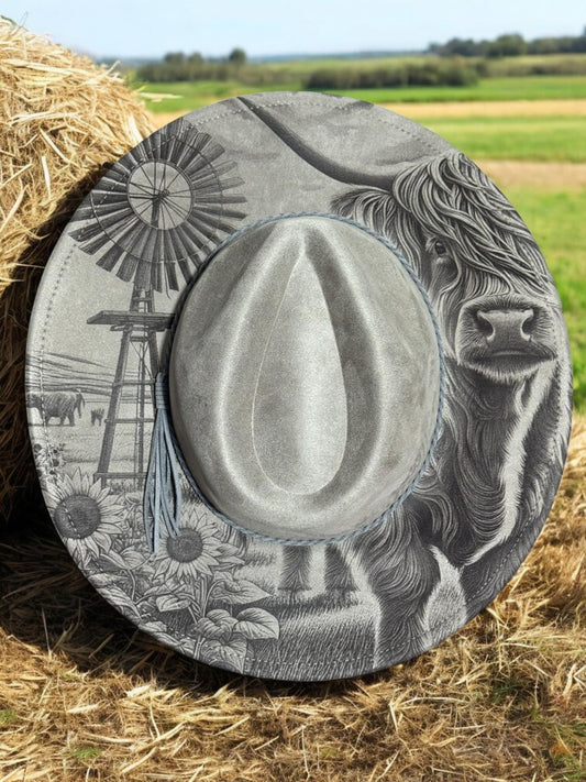 Highland Cow Laser Engraved Hat – Rustic Western Brim with Sunflowers & Windmill | Country Rodeo Cowboy Cowgirl Fedora