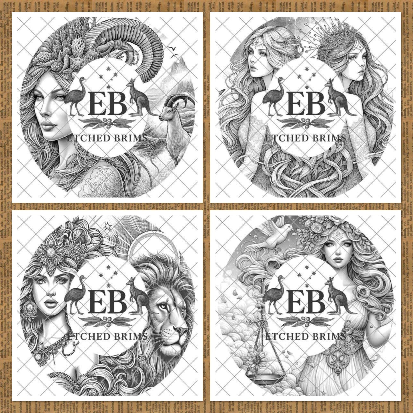 Zodiac Star Signs Hat Burning Templates Bundle. Laser Engraving Designs with PNG & Hat Hand Burning Stencils PDF. 12 Constellations EB303