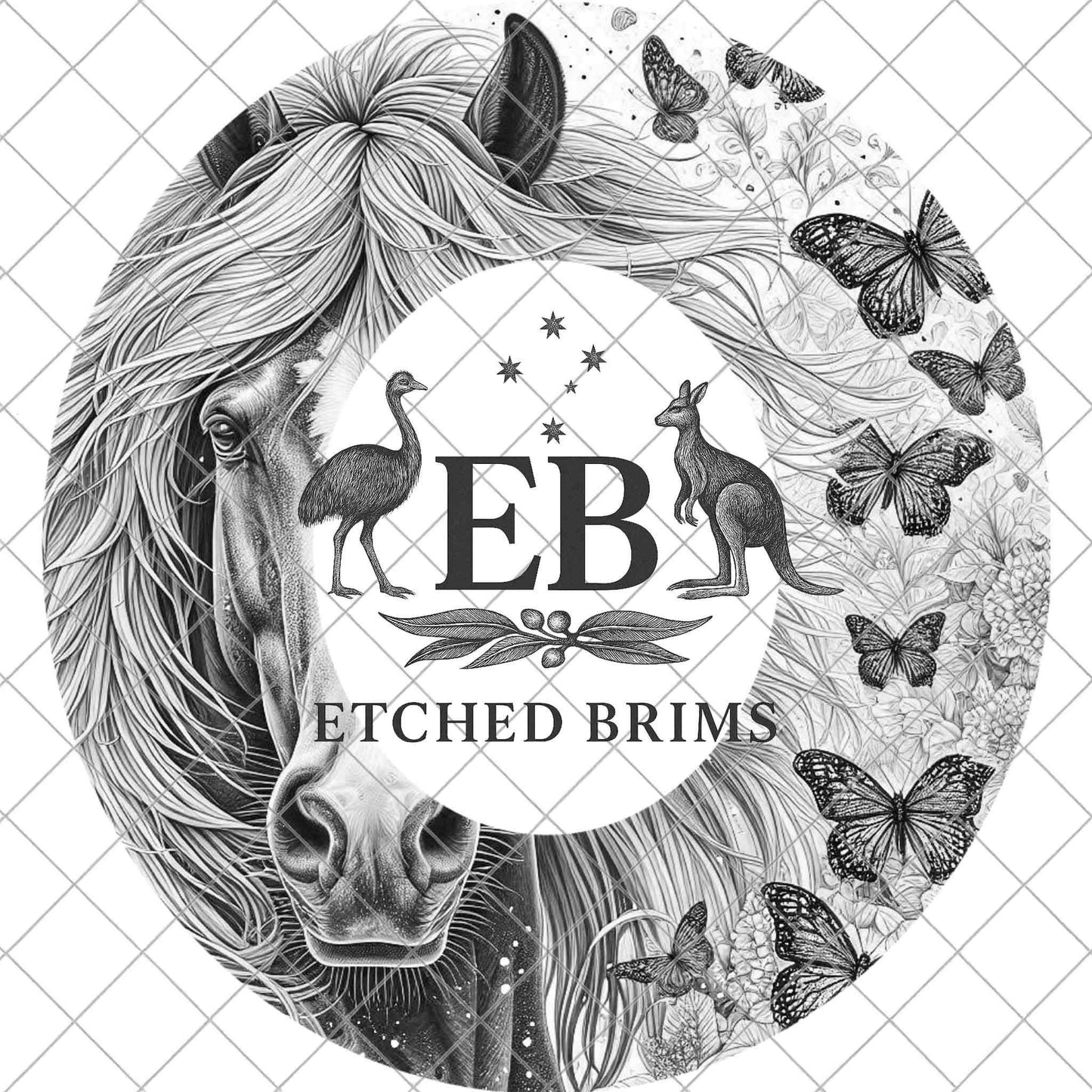 Horse Flowers and Butterfly, Hat Burning Design, Kids Size, - Laser Template for Youth Cowboy Hat, EBY973