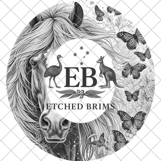Horse Flowers and Butterfly, Hat Burning Design, Kids Size, - Laser Template for Youth Cowboy Hat, EBY973