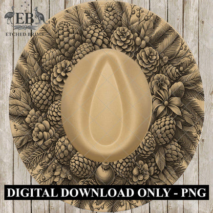 Christmas Wreath & Pinecones, Hat Burning Design, Festive Digital Download, Hat Burning Template, Wide Brim Hat Design, Hat Stencil, EB677