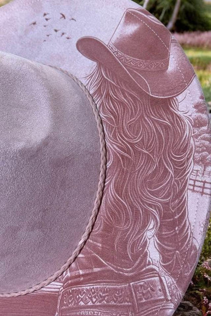 Cowgirl Dreams - Country Engraved Wide Brim Hat, Vegan Suede Fedora Hat, Laser Engraved, Cowboy Hat, Burned Fedora, Cowgirl Design